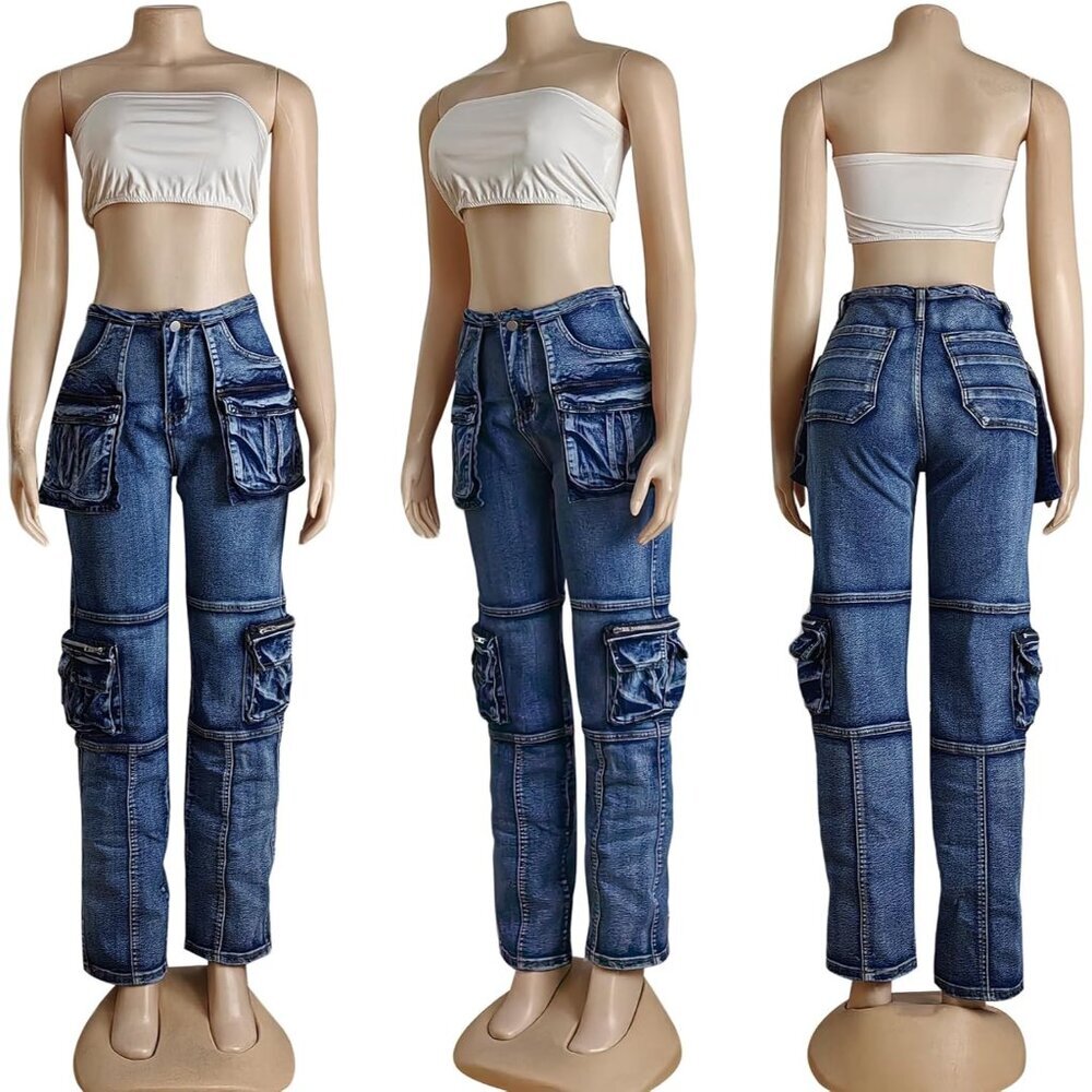 Women's Cargo Jeans High Waisted Straight Leg Denim Pants Zipper Pockets - Picture 5 of 5
